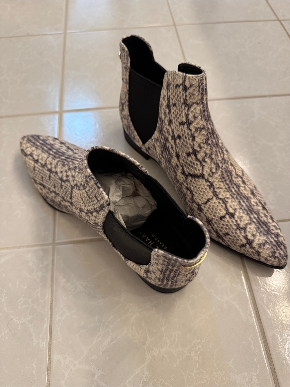 Cole Haan Snake Print Pointed Chelsea Booties in Cream and Black